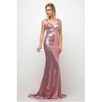 Fitted Sequin Gown With Illusion Cut Outs And Open Back by Cinderella Divine -UE007