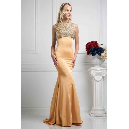 Beaded Bodice Sateen Sheath Dress by Cinderella Divine -CB758