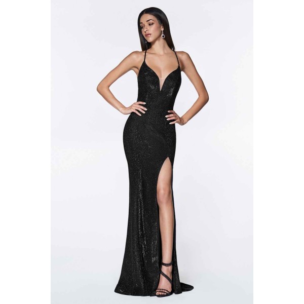 Fitted Metallic Gown With Criss Cross Beaded Back Ans Leg Slit by Cinderella Divine -CJ512