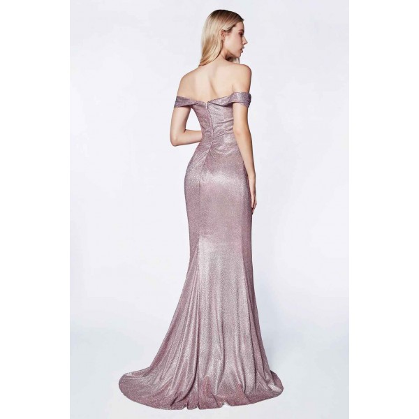 Off The Shoulder Metallic Gown With Sweetheart Neckline And Leg Slit by Cinderella Divine -KC872