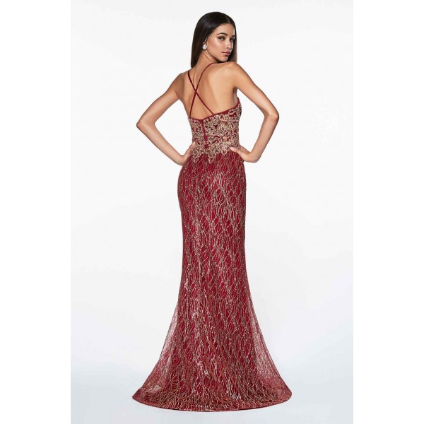 Fitted Glitter Gown With Lacey Bodice And Deep Plunge Neckline by Cinderella Divine -ML934