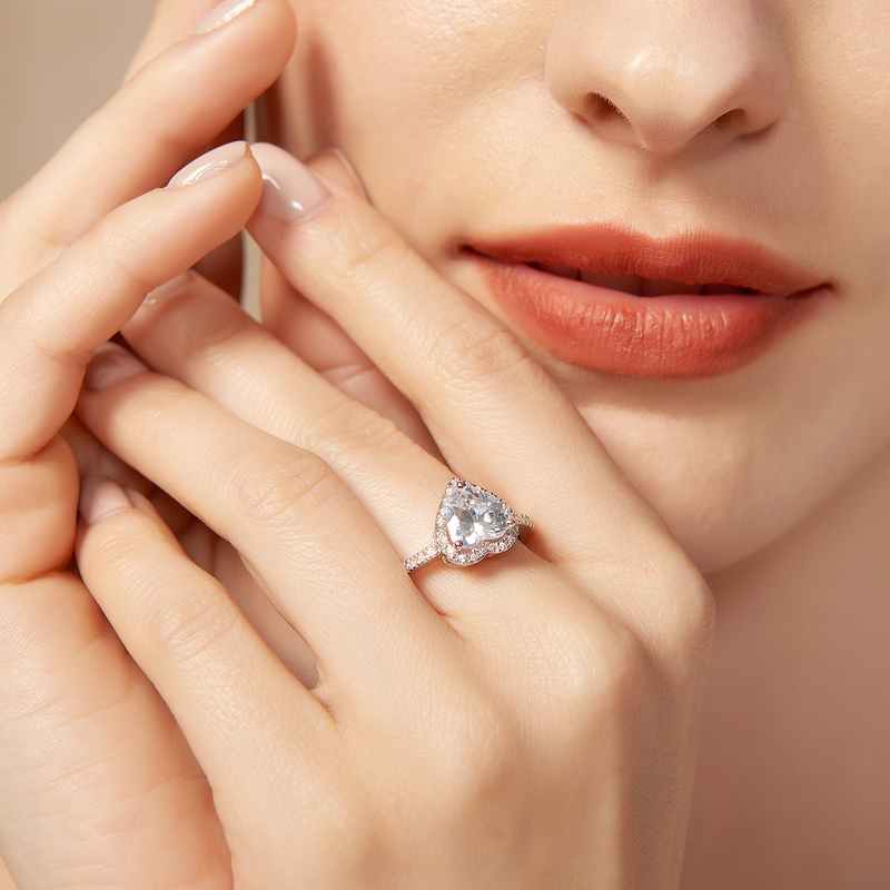 Halo Heart Cut 925 Silver Promise Rings