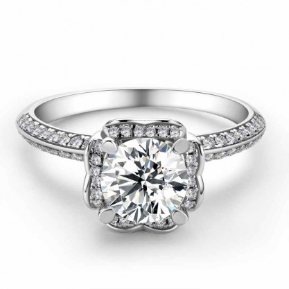 Halo Side Stones Round Cut 925 Silver Engagement Rings