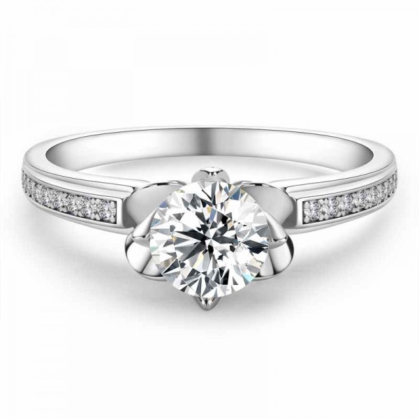 Side Stones Floral Round Cut 925 Silver Engagement Rings