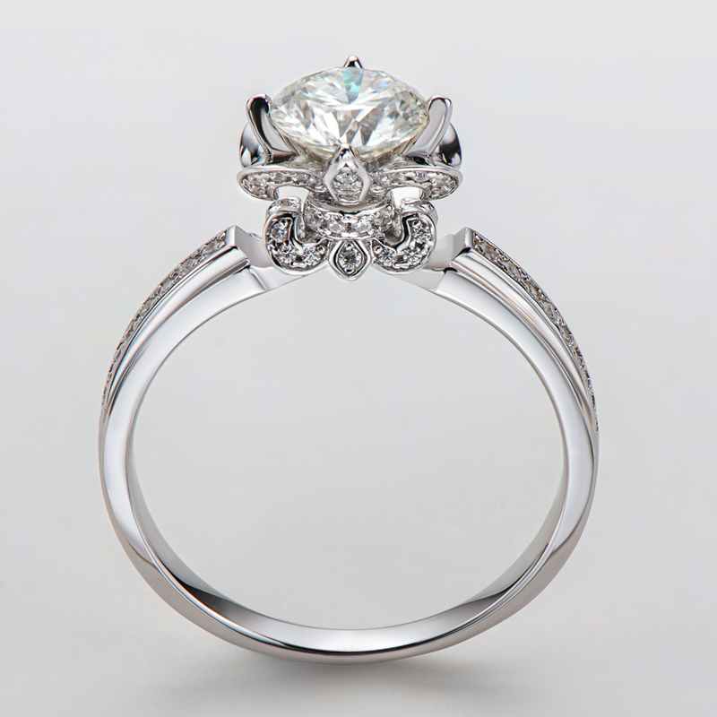 Side Stones Floral Round Cut 925 Silver Engagement Rings