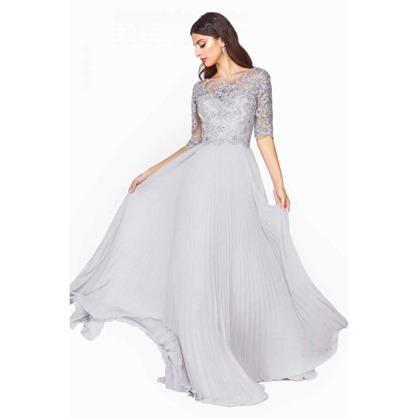 A-Line Dress With Pleated Chiffon Skirt And Lace Three-Quarter Sleeve Bodice by Cinderella Divine -HT090