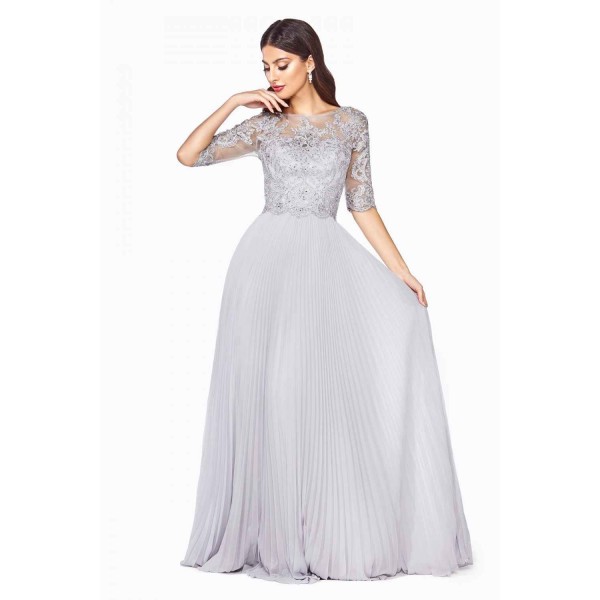 A-Line Dress With Pleated Chiffon Skirt And Lace Three-Quarter Sleeve Bodice by Cinderella Divine -HT090