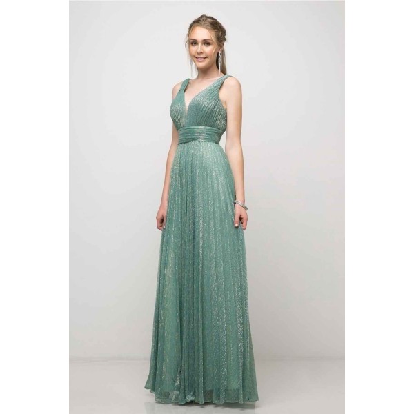 A-Line Metallic Dress With Pleats And Deep Neckline by Cinderella Divine -UT261