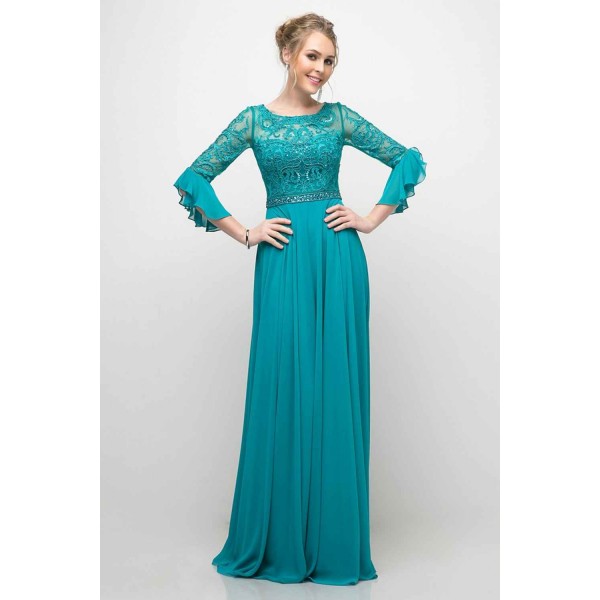 Beaded Lace Bodice Chiffon Empire Waist Dress by Cinderella Divine -CR781