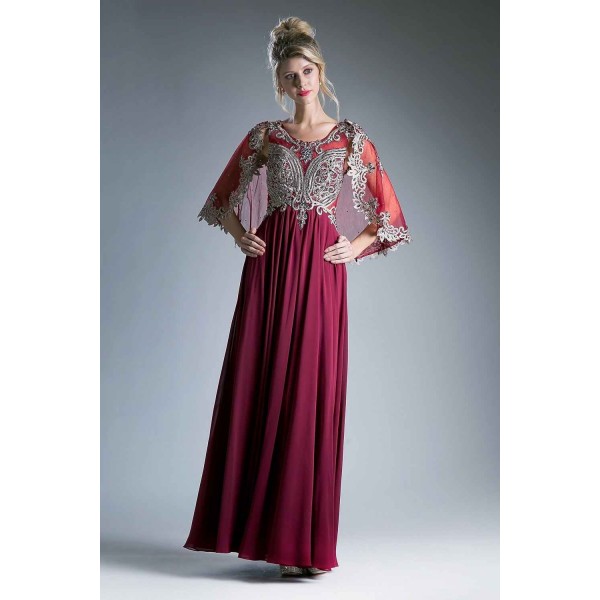 Long Embellished Cape Sleeves Chiffon Dress by Cinderella Divine -ML404