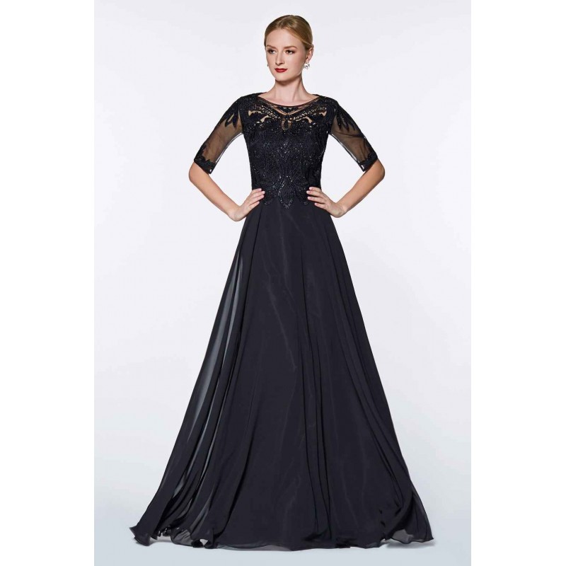 Three Quarter Sleeve A-Line Gown With Beaded Lace Top And Chiffon Skirt by Cinderella Divine -CD0134