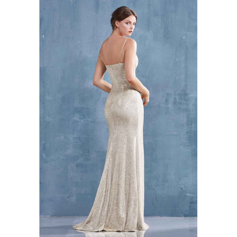 Modern Sweetheart Fitted Stretch Glitter Gown With Leg Slit by Andrea and Leo -A0999