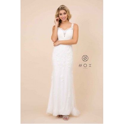 Gorgeous V-Neck White Dress With Deep Back And Laced Sleeves by Nox Anabel -W907