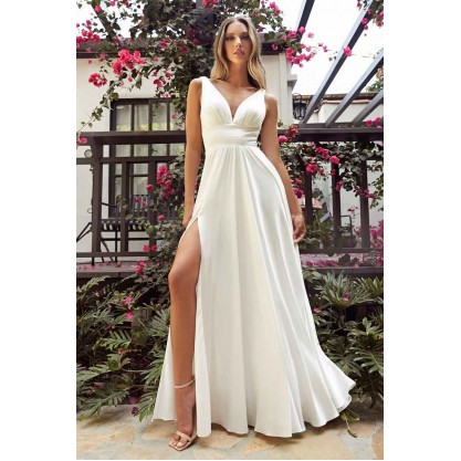 White Long Satin V-Neck Dress By Cinderella Divine -7469W