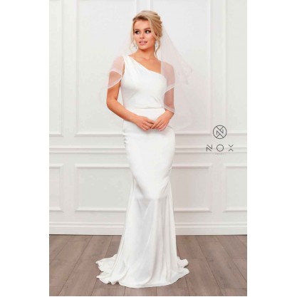 White Fitted One Shoulder Gown By Nox Anabel -E483