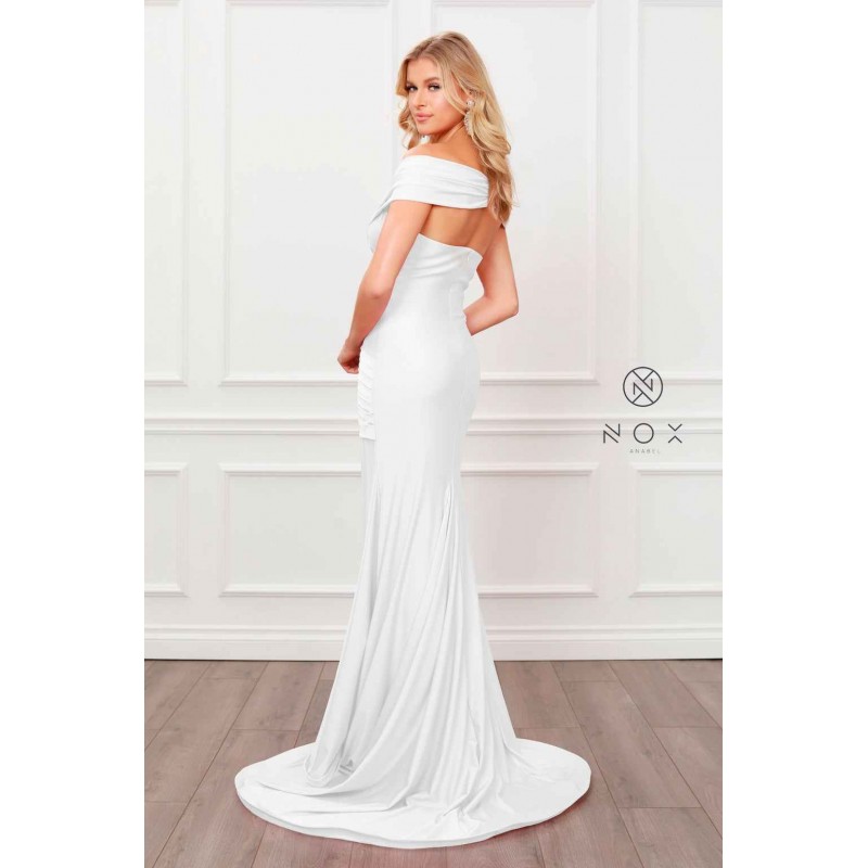 White Off Shoulder Mermaid Gown By Nox Anabel -E497W