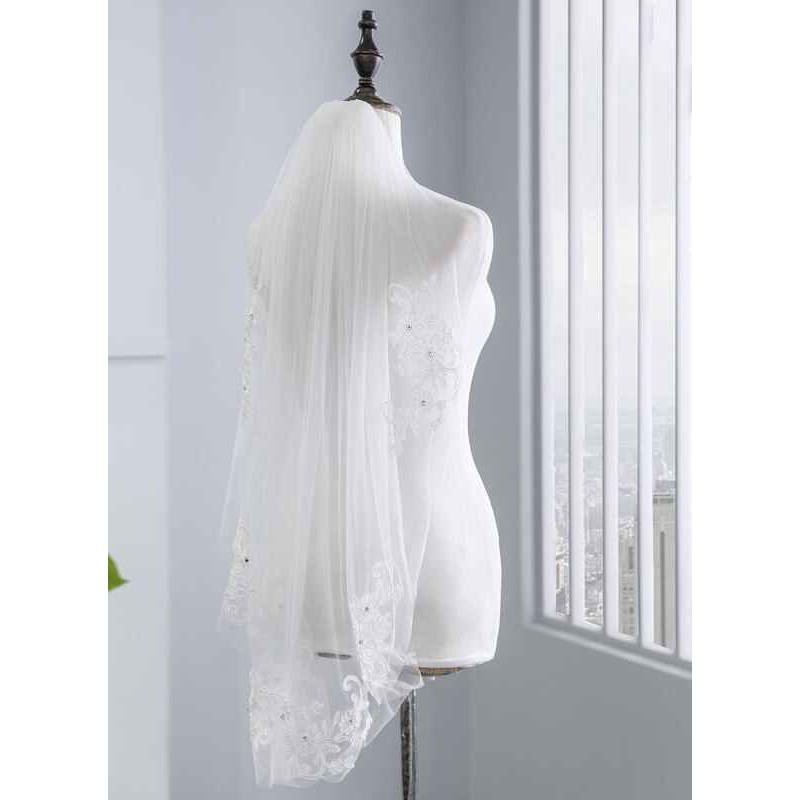 One-tier Lace Applique Edge Elbow Bridal Veils With Rhinestones/Lace