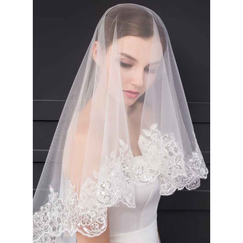 One-tier Lace Applique Edge Elbow Bridal Veils With Sequin/Lace