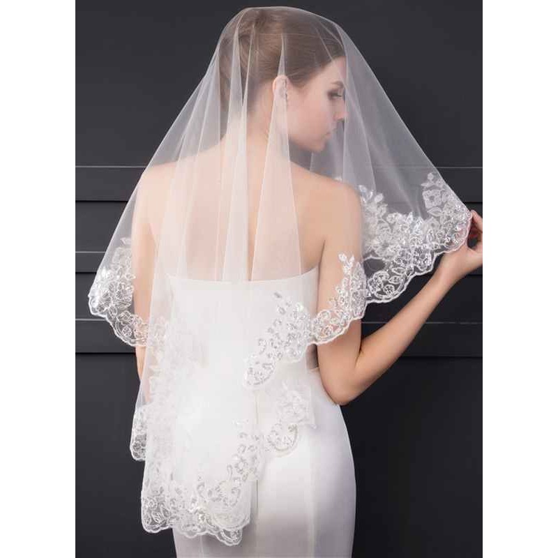 One-tier Lace Applique Edge Elbow Bridal Veils With Sequin/Lace