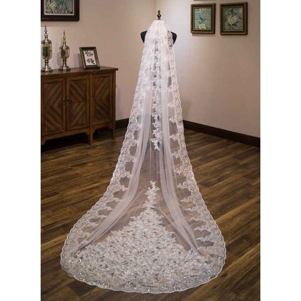 One-tier Lace Applique Edge Chapel Bridal Veils With Lace