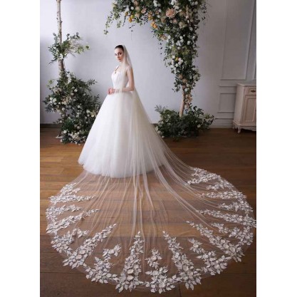 One-tier Lace Applique Edge Cathedral Bridal Veils With Lace