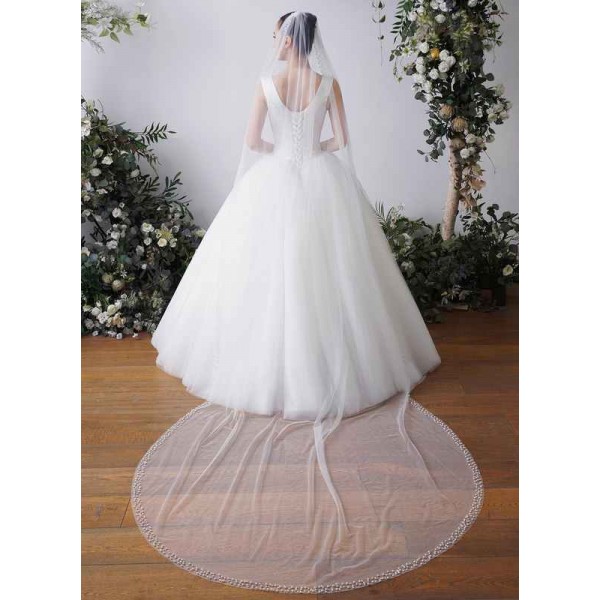One-tier Pearl Trim Edge Chapel Bridal Veils With Faux Pearl