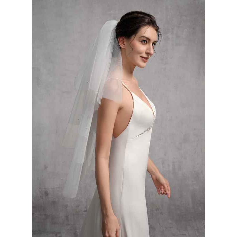 Four-tier Cut Edge Elbow Bridal Veils With Lace