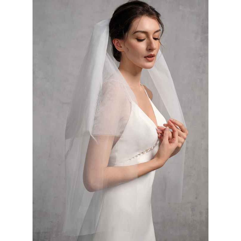 Two-tier Cut Edge Elbow Bridal Veils With Lace