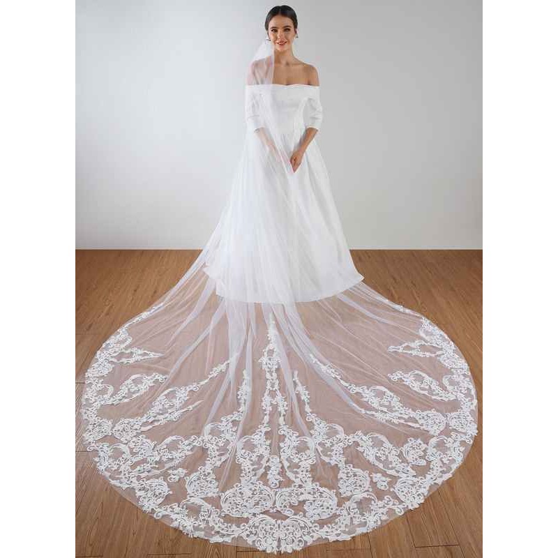 One-tier Lace Applique Edge Cathedral Bridal Veils With Applique/Sequin/Lace