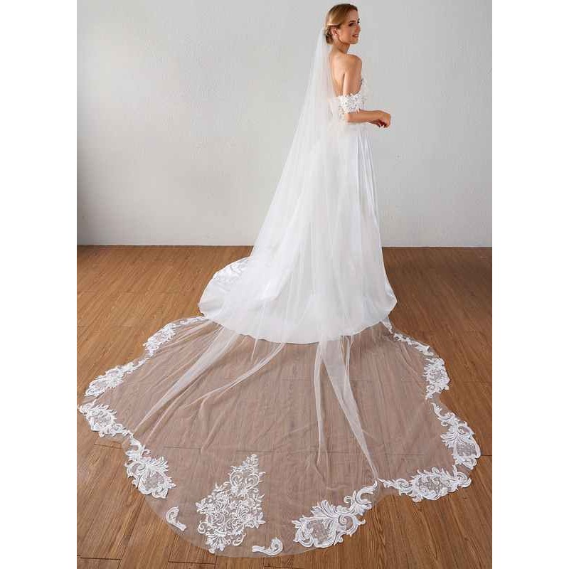 One-tier Lace Applique Edge Cathedral Bridal Veils With Applique/Lace