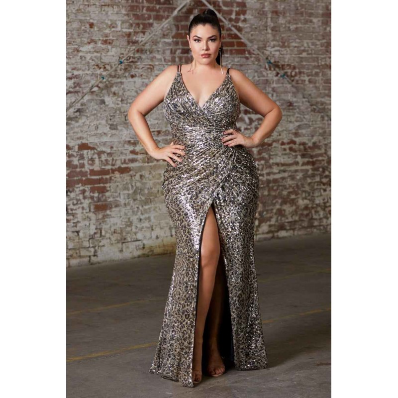 Fitted Sequin Gown With Gathered Waist, Criss Cross Back And Leg Slit by Cinderella Divine -CDS345C