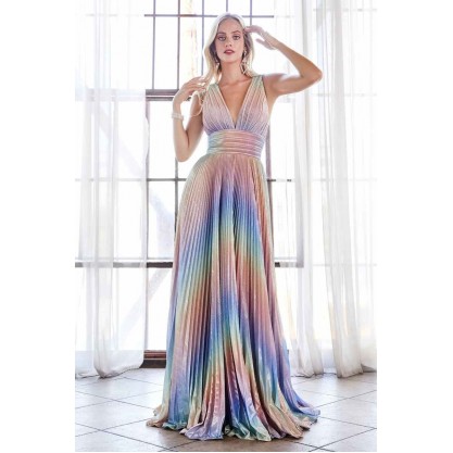 A-Line Rainbow Dress With Metallic Pleated Finish And Crisscross Open Strappy Back by Cinderella Divine -CW223