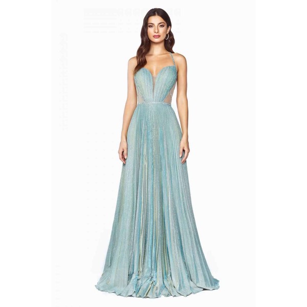 A-Line Metallic Glitter Gown With Beaded Strappy Back And Pleated Finish by Cinderella Divine -J9664