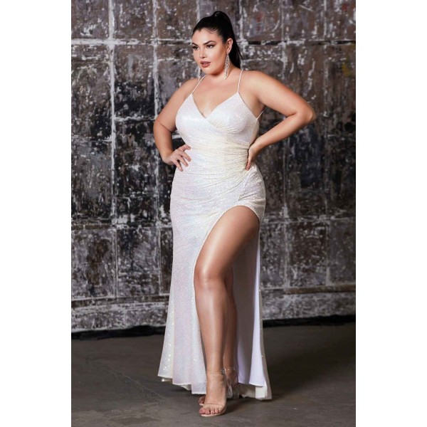 Fitted Sequin Gown With Gethered Waistline And Leg Slit by Cinderella Divine -CH225C