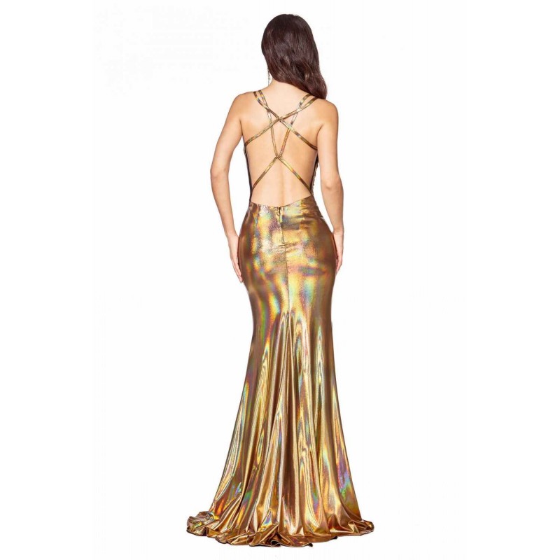 Fitted Dress With Metallic Liquid Iridescent Fabric And Open Crisscross Open Back by Cinderella Divine -CR847