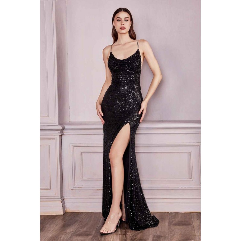 Slim Fitted Gown With Cowl Neckline And Leg Slit by Cinderella Divine -CF199