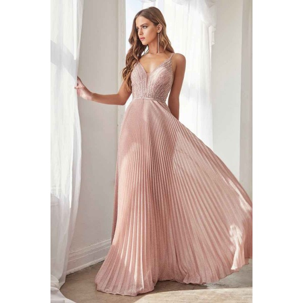 A-Line Pleated Metallic Gown With Beaded Bodice And Open Back by Cinderella Divine -CD0162