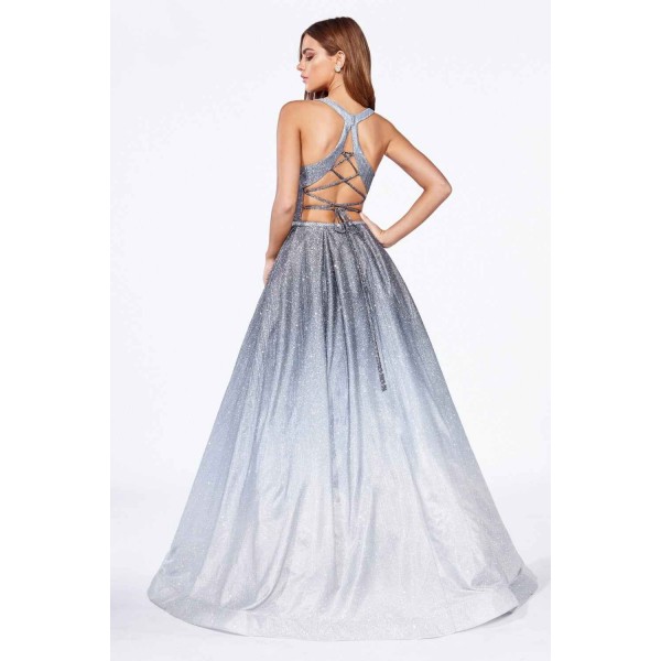 Ball Gown With Halter Neckline Side Pockets And Ombre Glitter Finish by Cinderella Divine -J8737