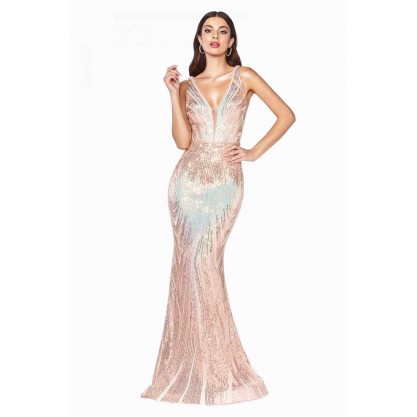 Slim Fit Iridescent Gown With Ombre Sequin Pattern And Deep V-Neckline by Cinderella Divine -J9582