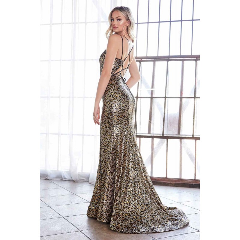 Fitted Leopard Print Sequin Gown With Open Back And Adjustable Zipper Slit by Cinderella Divine -CD0159