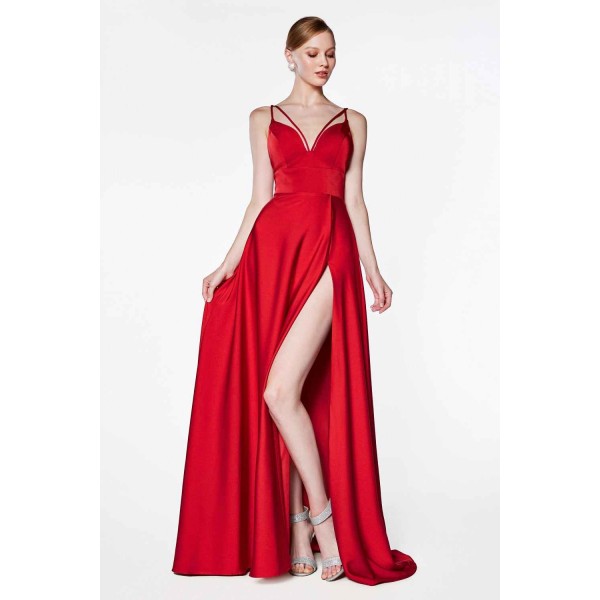 A-Line V-Neckline Gown With Slit And Double Strap by Cinderella Divine -CS034
