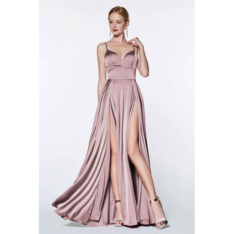 A-Line Satin Gown With Double Slit And Deep Sweetheart by Cinderella Divine -CJ526