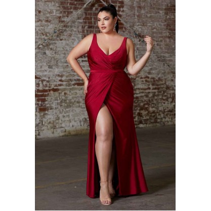 Fitted Satin Gown With Gathered Bodice And Leg Slit by Cinderella Divine -CD157