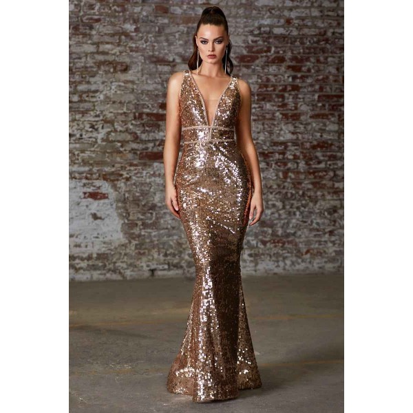 Fitted Sequin Dress With Beaded Belts And Open Back by Cinderella Divine -J8781