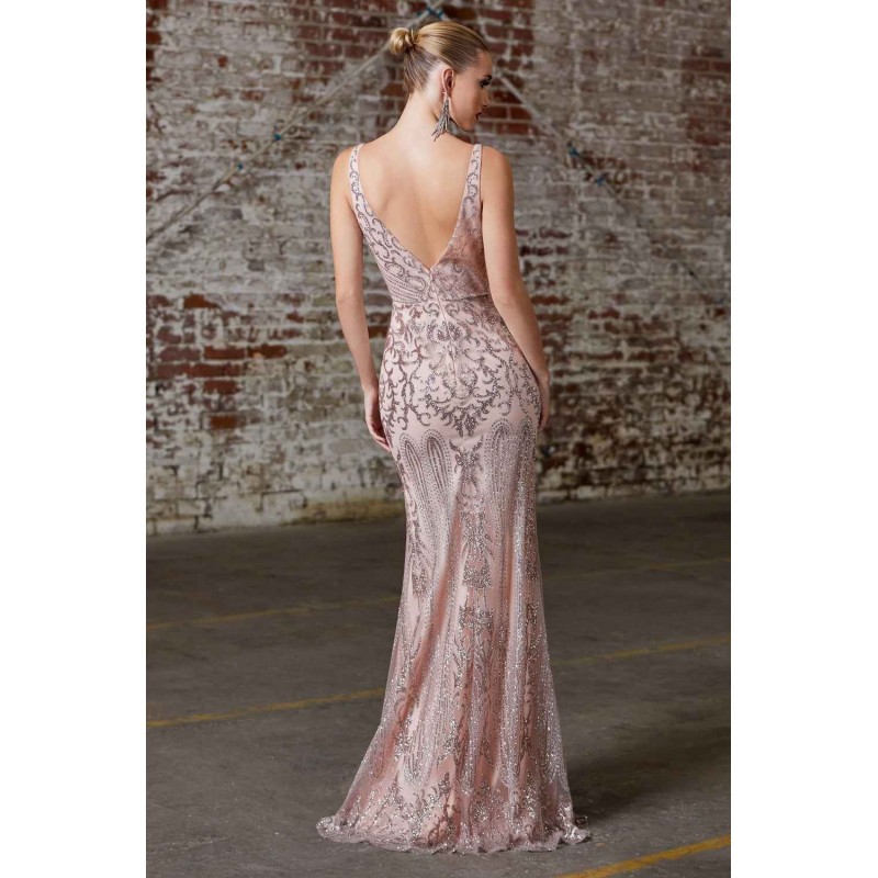 Fitted Gown With Glitter Print And Deep Plunging Neckline by Cinderella Divine -CD0161