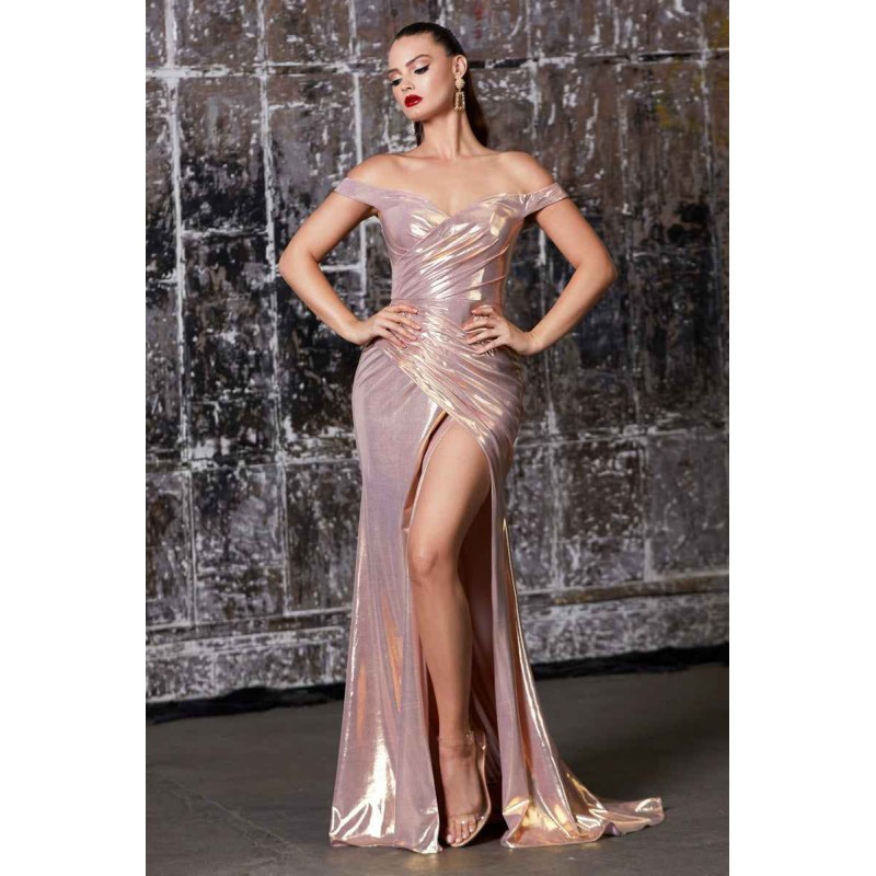 Off The Shoulder Metallic Lame' Dress With Gathered Waistline And Sweetheart Neckline by Cinderella Divine -CD163