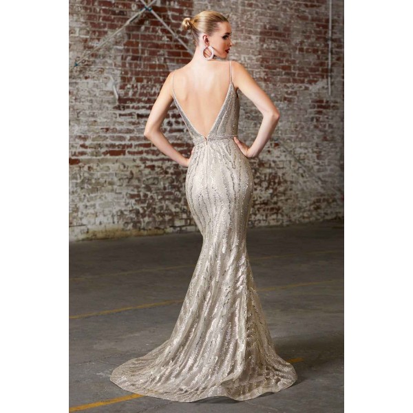 Fitted Evening Gown With Glitter Print Design And Deep V-Neckline by Cinderella Divine -CW855