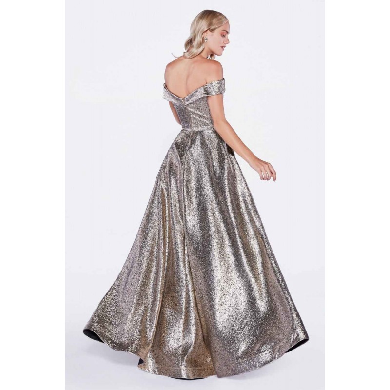 Off The Shoulder Metallic Ball Gown With Sweetheart Neckline And Pockets by Cinderella Divine -CJ268