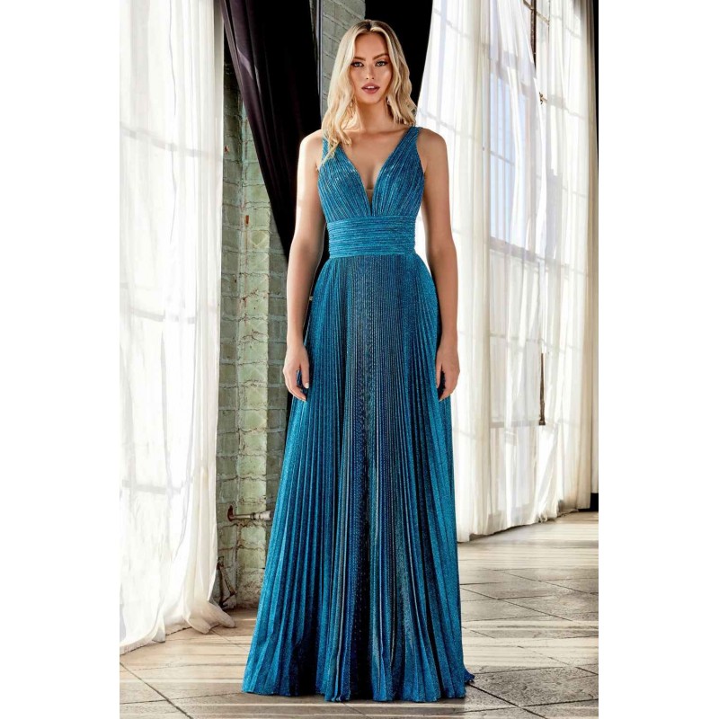 A-Line Pleated Dress With Gathered Neckline And Strappy Open Back by Cinderella Divine -CW088