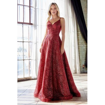 Ball Gown With Rose Glitter Print, Plunge Neckline And Open Back by Cinderella Divine -CB059